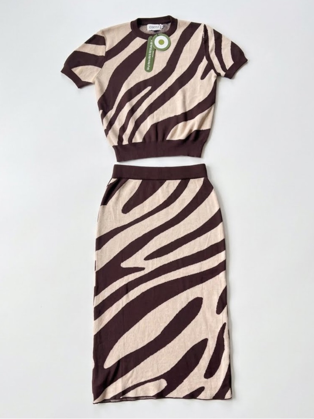 Oxknit Cotton Beige Brown Zebra Print Knit Skirt Sweater Top Two-Piece Retro Set